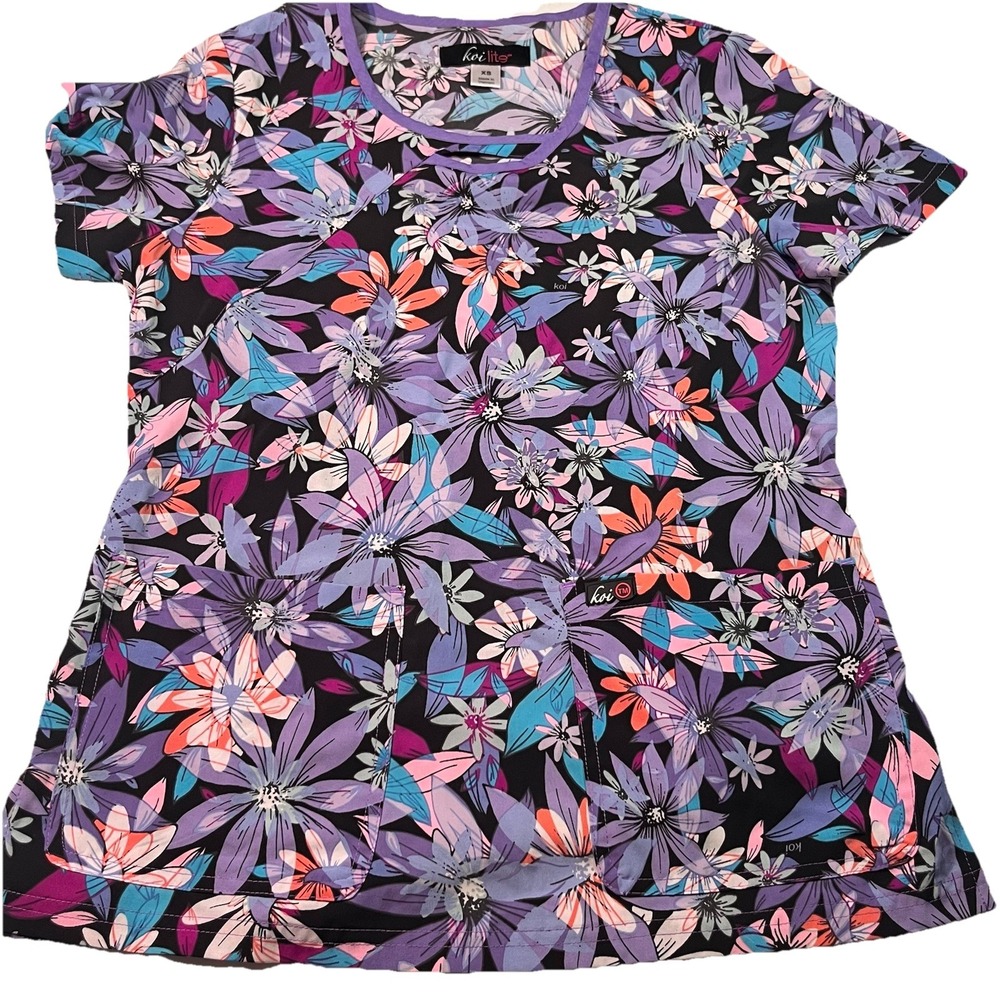 Koi Lite Women's Scrub Top Size Xs‎ EUC Floral Spandex Polyester Blend